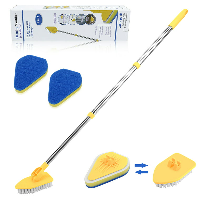 Allnice Floor Scrub Brush with Long Handle 35, Adjustable Stainless Metal  Handle Bathtub Cleaner Tool, Scrubber with 1 Stiff Bristles & 3 Sponge