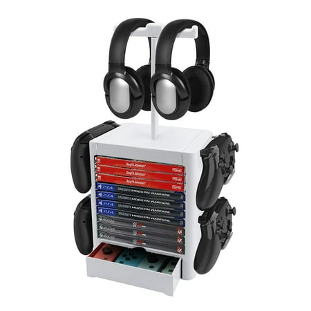 Allnice Game Storage Tower for PS5/PS4/XBOX Series, White, 10 Disk, 4 Controllers, 2 Headset