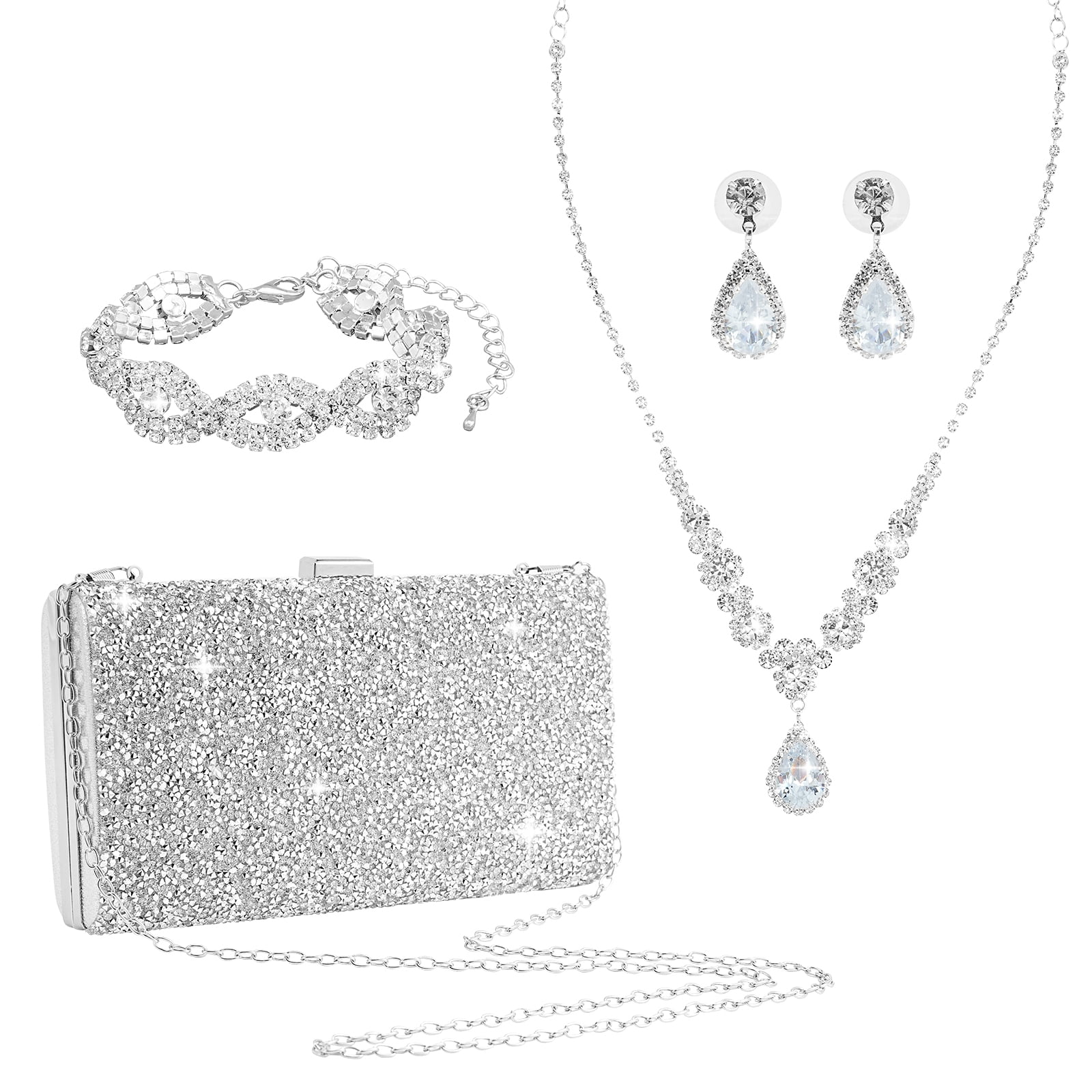 Allnice Silver Clutch Purse Jewelry Set for Women Girls 4 Pieces Bride