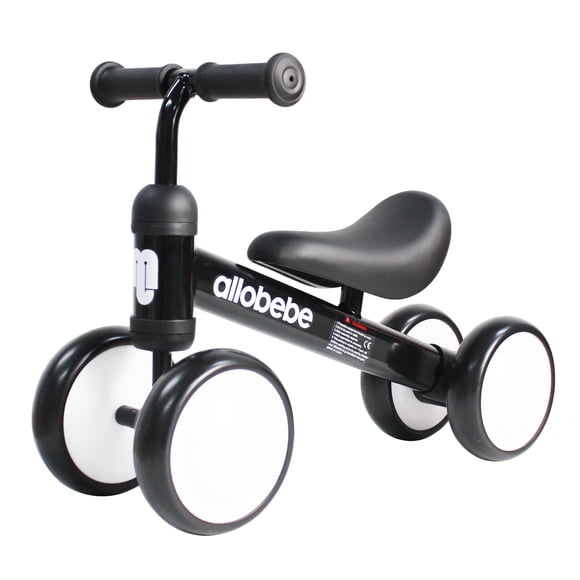 Allobebe Baby Balance Bike for 12-30 Months, 4-Wheel Toddler Ride-On with Adjustable Seat & Silent Wheels, Safe No-Pedal Walker for Indoor/Outdoor, ASTM & CPSIA Certified, Black