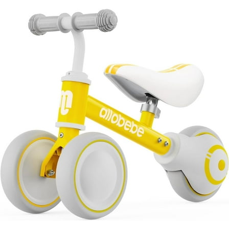 Allobebe Baby Ride-On Balance Bike for 12–30 Months, Adjustable Seat, Soft Silent 3-Wheel Ride-On, Yellow