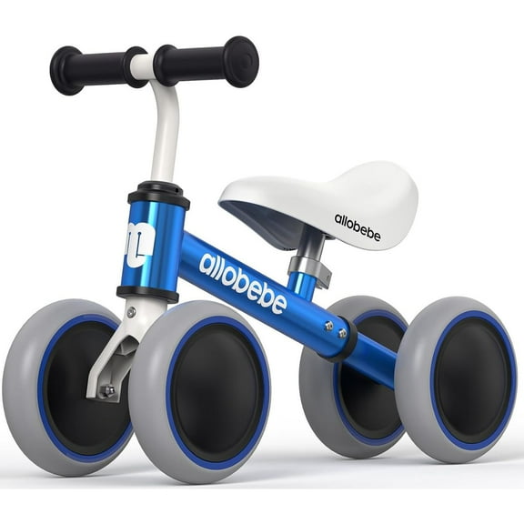 Allobebe Baby Ride-On Balance Bike for 12–30 Months, Adjustable Seat, Soft Silent 4-Wheel Ride-On, Shining Blue