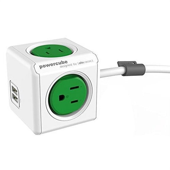 Allocacoc PowerCube Extended USB, Surge Protector, Green, 4 sockets, Dual- USB charging, No blockage on plugs, Compact design, 5ft cable