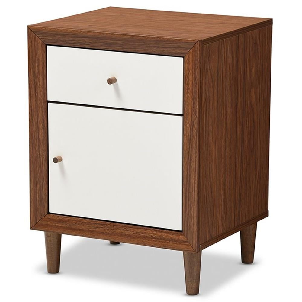 Scandinavian Mid-Century Modern White & Walnut 1-Drawer Nightstand
