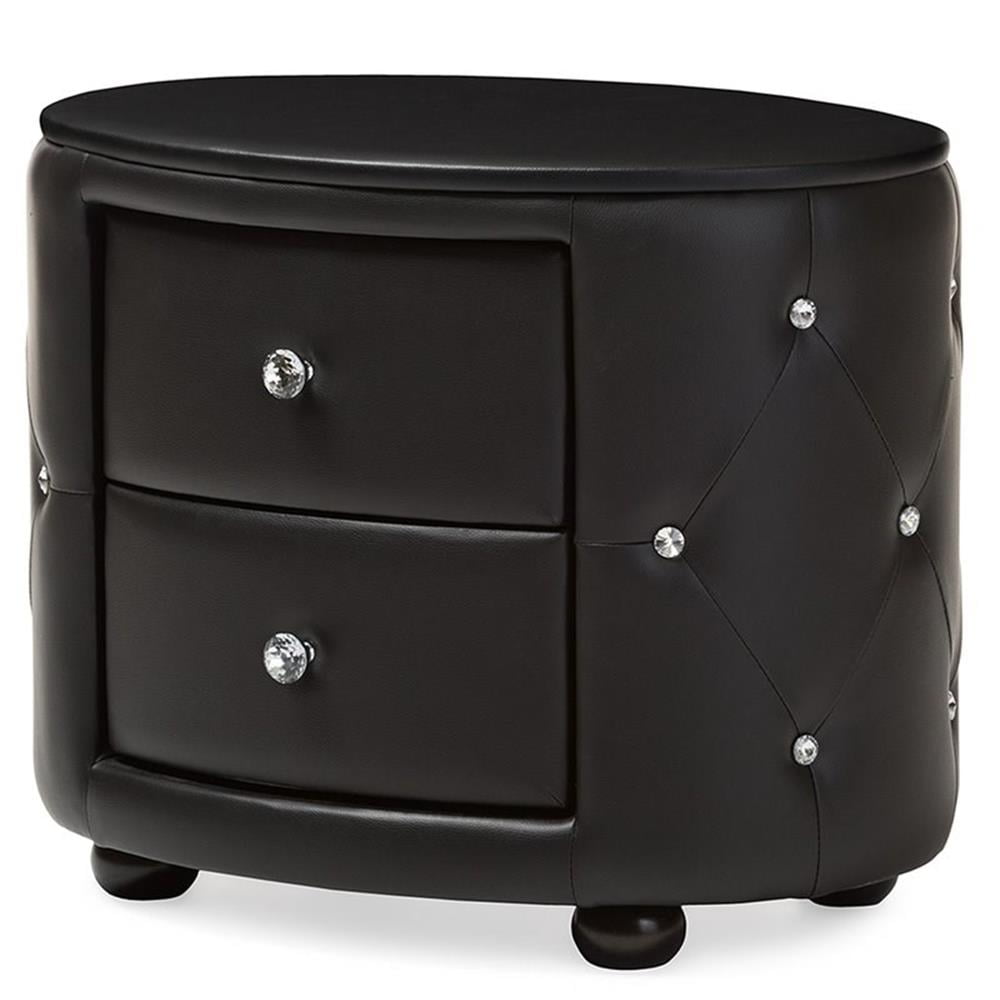 Davina Glam Black Faux Leather Tufted Nightstand with Crystal Knobs