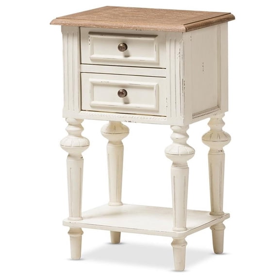 Allora Wood Weathered Oak and White Nightstand Rectangular French Provincial Style 25.59" H x 15.74" W x 11.81" D