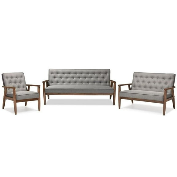 Allora 3 Piece Tufted Sofa Set in Gray and Dark Walnut