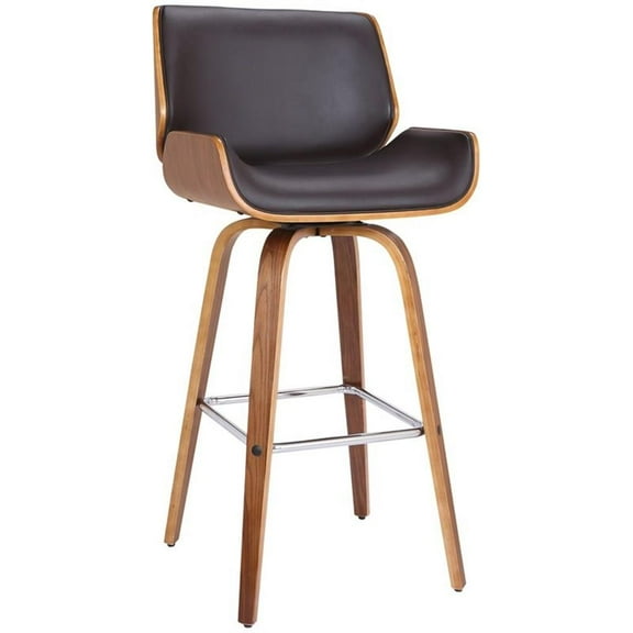 Allora 30" Mid-Century Wood/Faux Leather Swivel Bar Stool in Brown
