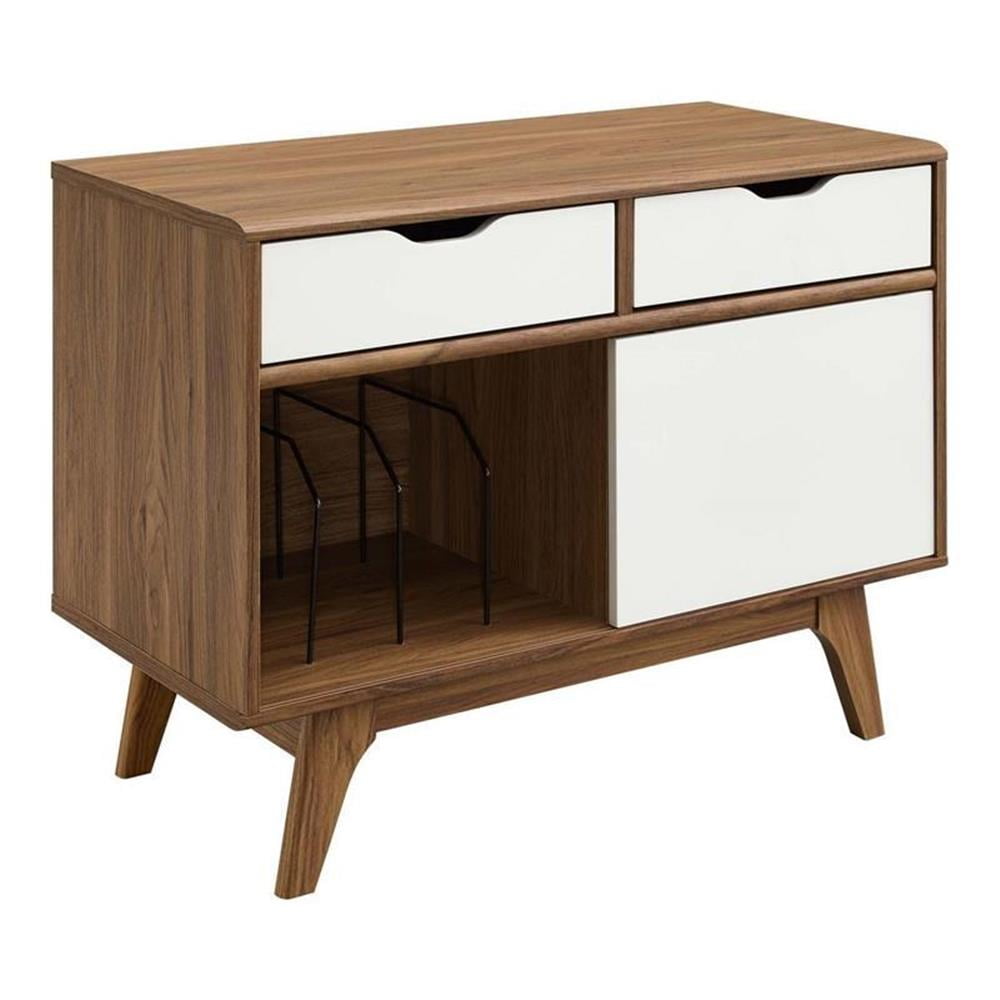 Envision 37" Walnut White Mid-Century Modern Vinyl Record Stand with Drawers