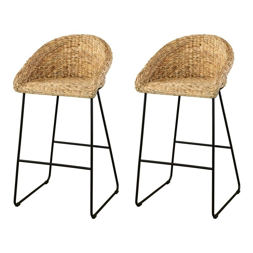 Allora 40.75" Natural Woven Water Hyacinth Barstool with Black Metal Frame