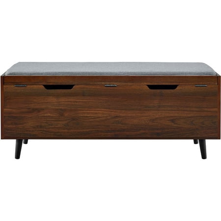 Allora 46" Mid Century Storage Bench with Cushion in Dark Walnut/Gray