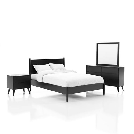 Allora 4pc Wood Bedroom Set - Queen+Nightstand+Dresser+Mirror in Black