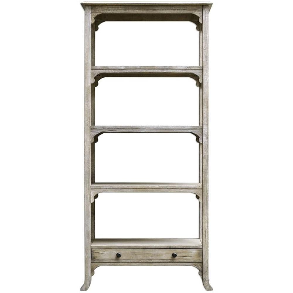 Aged White Mango Wood Transitional Etagere with Brass Knobs