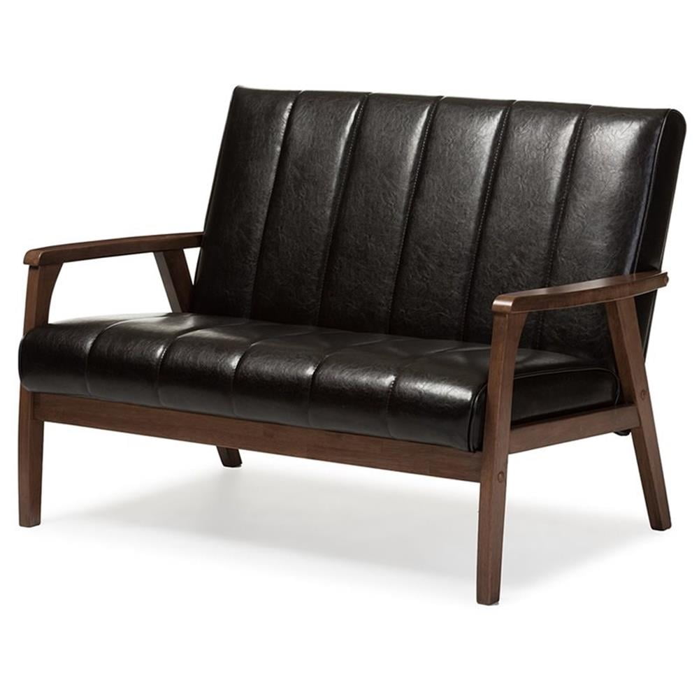Mid-Century Modern Dark Brown Faux Leather Loveseat