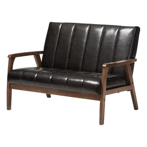 Allora Mid-Century Faux Leather/Wood 2-Seater Loveseat in Black/Walnut