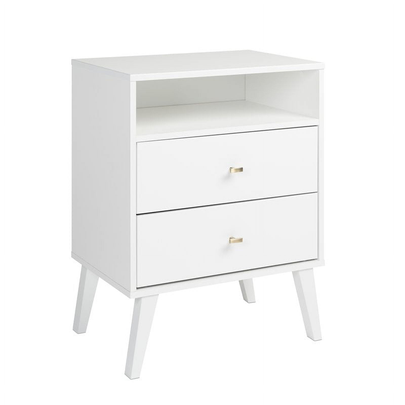 White Mid Century Modern 2 Drawer Nightstand with Shelf