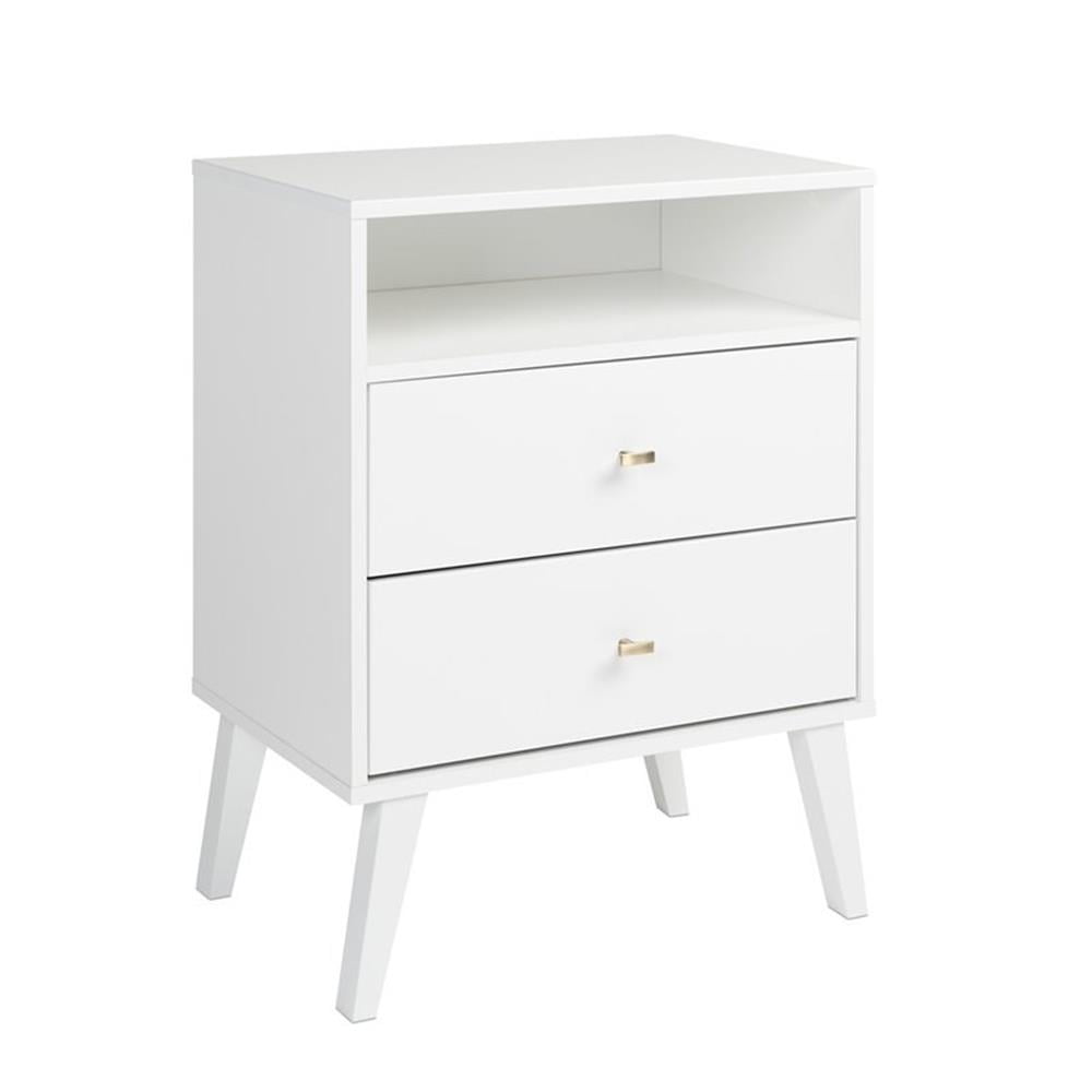 White Mid Century Modern 2 Drawer Nightstand with Shelf