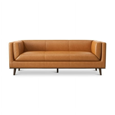 Allora Mid-Century Modern Pillow Back Genuine Leather Sofa in Tan
