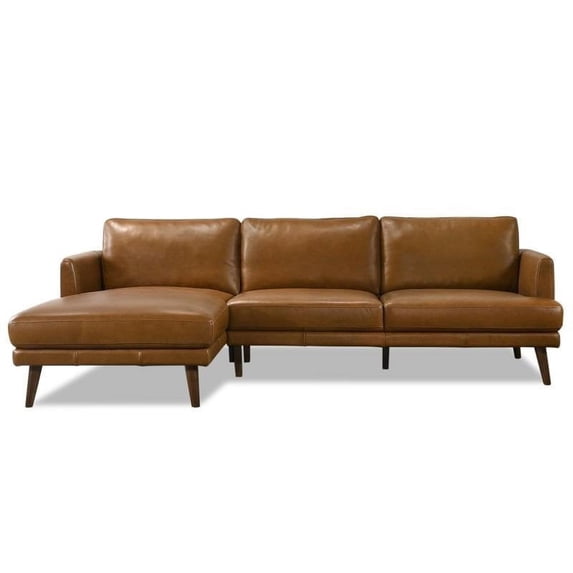 Allora Mid-Century Pillow Back Genuine Leather Left-Facing Sectional in Tan