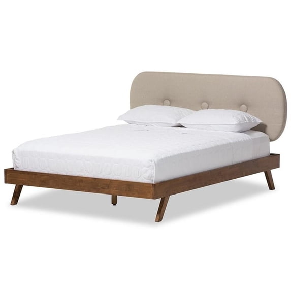 Allora Mid-Century Polyester Fabric Tufted Queen Platform Bed in Light Beige