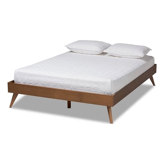 Allora Mid-Century Solid Rubberwood Queen Platform Bed in Walnut Brown