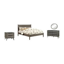 Allora Mid-Century Wood Bedroom Set- King Nightstand Dresser Oval Mirror in Gray