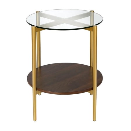 Allora Modern Round Metal Side Table with Shelf in Gold/Walnut