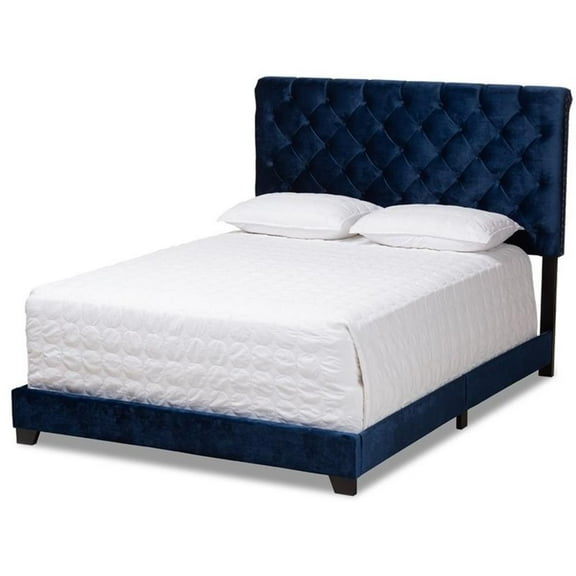 Allora Velvet Modern Button Tufted Velvet Fabric King Bed in Navy Blue