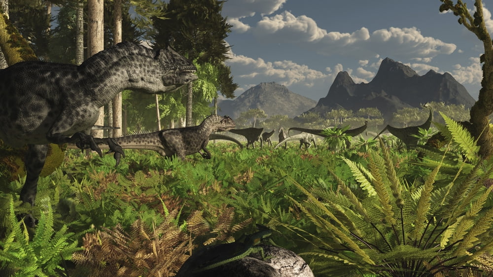 Allosaurus and Diplodocus dinosaurs roam western North America Canvas Art - Arthur DoretyStocktrek Images (19 x 11)