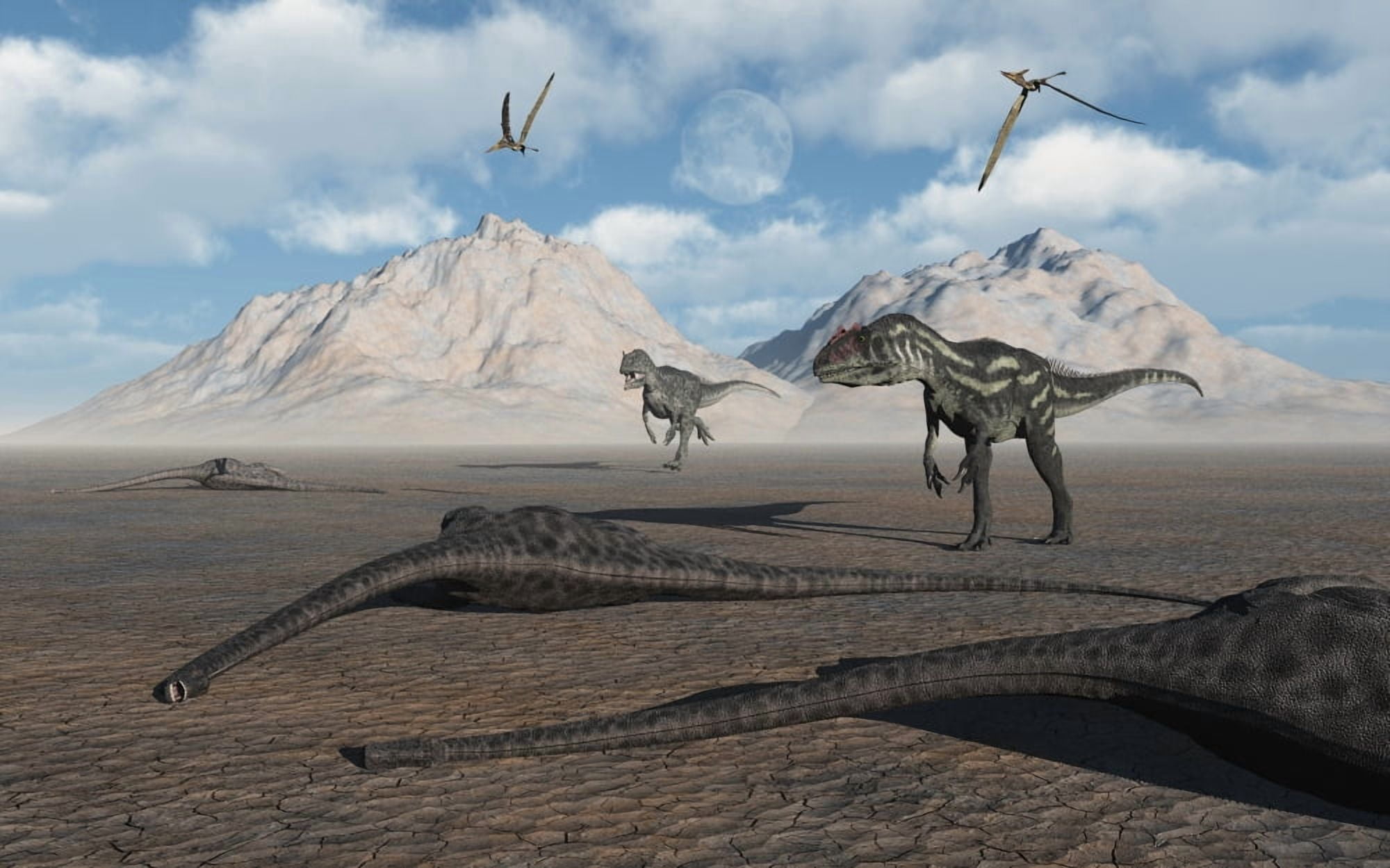Allosaurus dinosaurs approach a group of dead sauropods Canvas Art - Mark StevensonStocktrek Images (36 x 23)