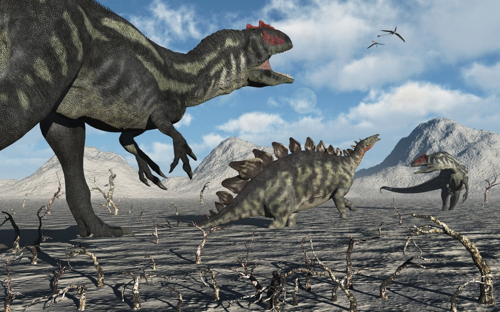 Allosaurus dinosaurs moving in to kill a Stegosaurus trapped in a mud pit Canvas Art - Mark StevensonStocktrek Images (36 x 23)
