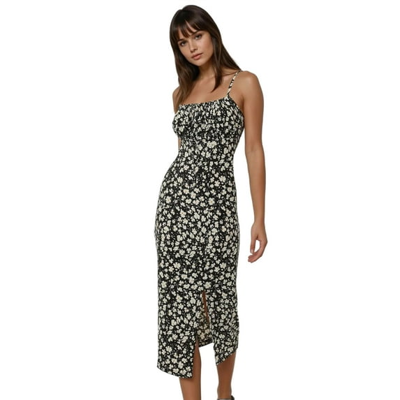 Allover Flower Print Bodycon Midi Dress with Slit