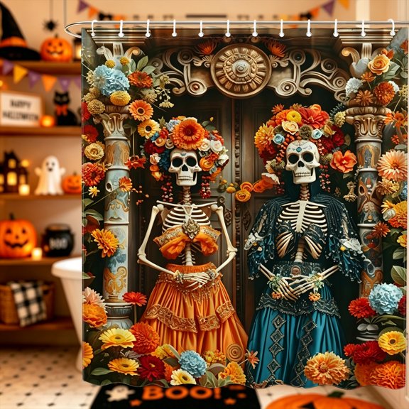 Allover Multicolor Blossom Sugar Skull Print Shower Curtain,70.8x70.8 inch,Polyester,Rental Apartment Hotel B&B Bathroom Decor