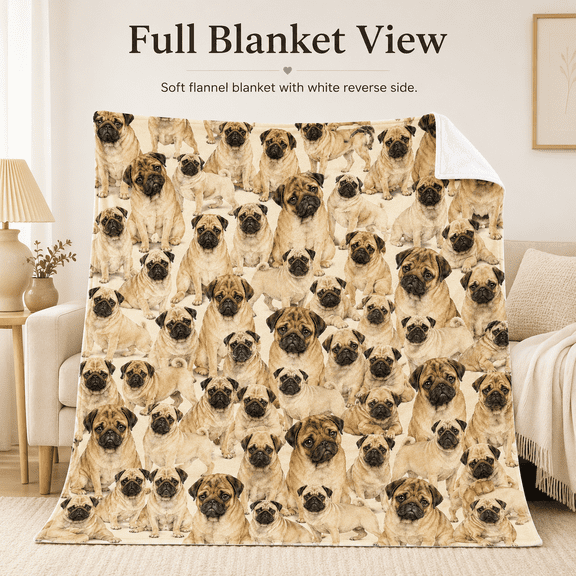Allover Pug Throw Blanket, Soft Flannel Lightweight Pug Lover Blanket with White Reverse, Full Dog Print Pattern for Couch Sofa Bed Home Decor, 30 x 40 in