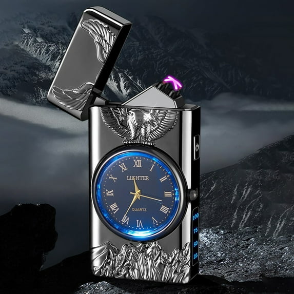 Allowith Electric Lighter Plasma Double Arc Lighters Rechargeable USB Lighter Clock Candle Lighter Windproof Flameless Lighter with LED Flashlight Clock for Outdoor Camping, BBQ, Fireworks
