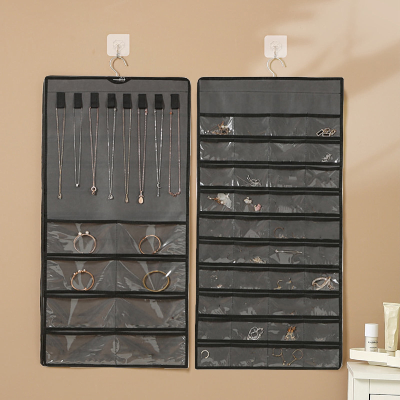 Double-Sided Hanging Jewelry Organizer With Metal Hooks - Beige Storage Roll For Earrings, Necklaces, Bracelets