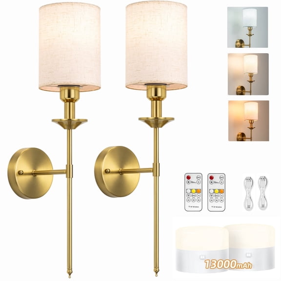 Alloxity Wall Sconce Set of Two, Battery Operated Wall Sconce with Remote, 13000mAH Rechargeable Wall Sconce 3 Colors Wireless Battery Powered Wall Lamp Decor Fixture for Bedroom Living Room