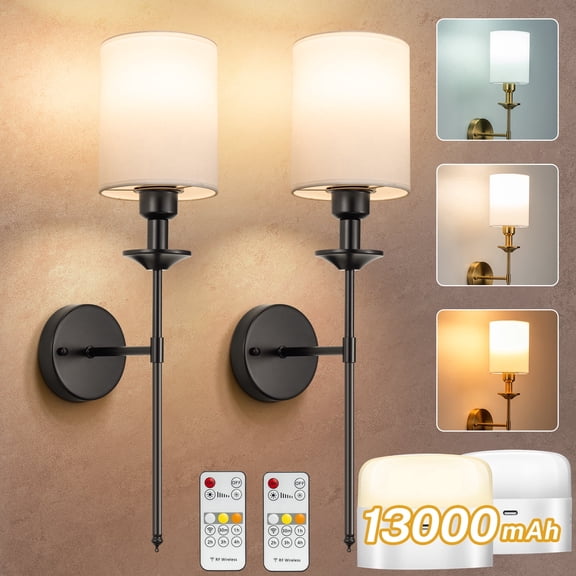 Alloxity Wall Sconce Set of Two, Battery Operated Wall Sconce with Remote, 13000mAH Rechargeable Wall Sconce 3 Colors Wireless Battery Powered Wall Lamp Decor Fixture for Bedroom Living Room