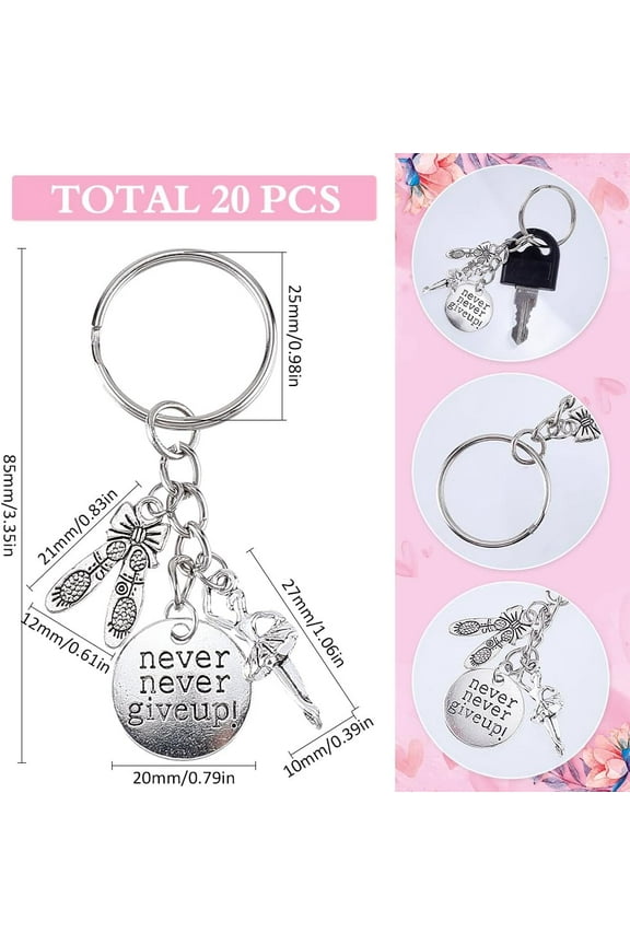 Alloy 1 Box 20Pcs Never Give Up Keychain Bulk Ballet Keychain Pack Antique Silver Alloy Inspiration Word Dance Key Chains for Party Favor Wedding Favors Handbag Christmas Decoration Gift Adults