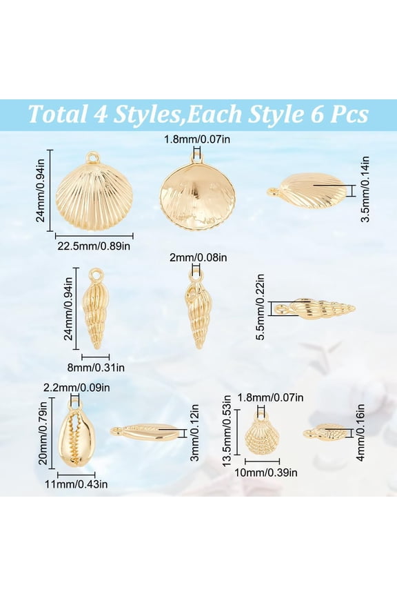 Alloy 1 Box 24Pcs Sea Shells Charms Gold Cowrie Shells Bulk Summer Beach Ocean Sea Golden Shell Conch Scallop Charm for DIY Crafting Earrings Bracelets Necklaces Jewelry Making Supplies Adult