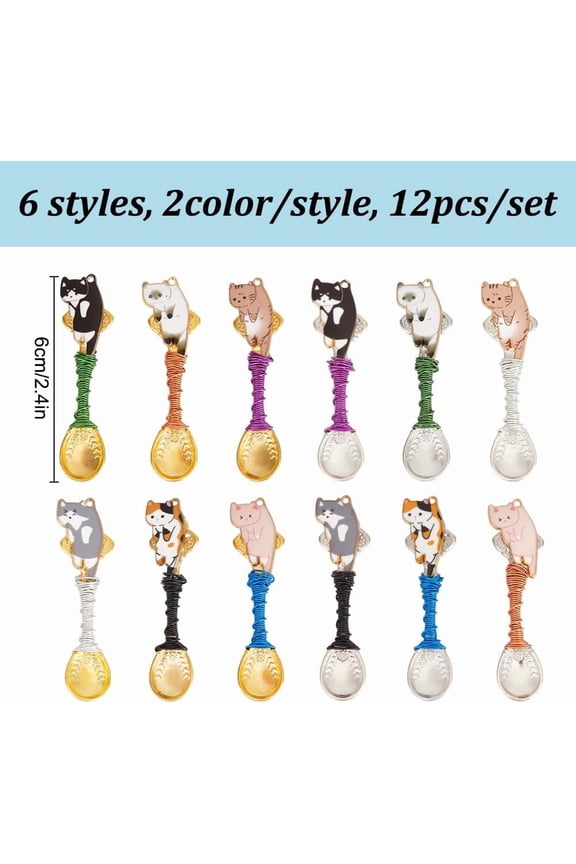 Alloy 12pcs Spoon Alloy Charms Wire Wrapped Spoon Pendants with Enamel Cat Wire Wrapped Necklace Spoons Charms Spoon Kichten Pendants for Jewelry Making DIY Craft Necklace Bracelet KeyChain