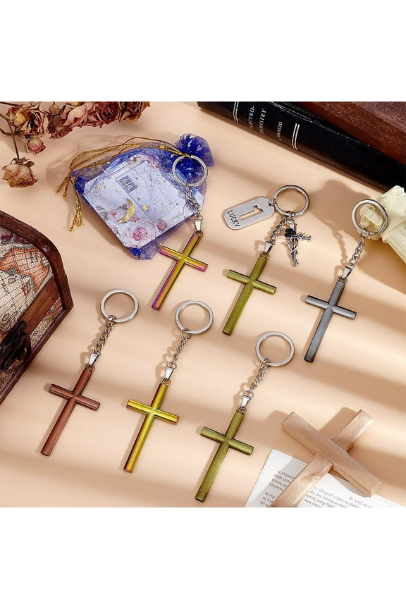 Alloy 16 pcs 4 Colours Cross Keychains 2.6 Inch Pocket Crosses Jesus Keyrings Christian Key Chains for Nativity Party Baptism Favors Sister Gifts Metal Decorative Bible Key Charms