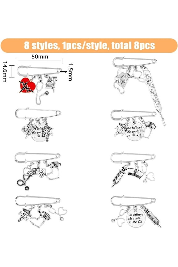Alloy 8Pcs 8 Style Nurse Brooch Pins Alloy Lapel Pins Badges Nurses' Day Safety Pins Medical Doctor Nurse Student Gift Brooch Pin for Women Students Clothing