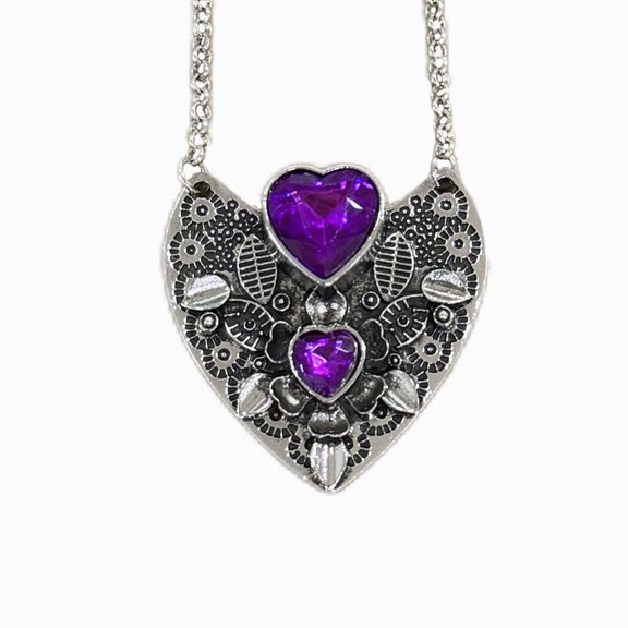 Alloy Amethyst Rhinestone Heart Pendant Necklaces for Women Antique Silver 24.41~24.80 inch(62~63cm)