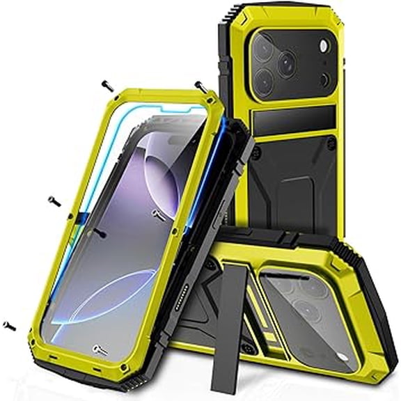 Alloy Anti-Drop Case With Stand & Glass Film for iPhone 17 Pro Yellow