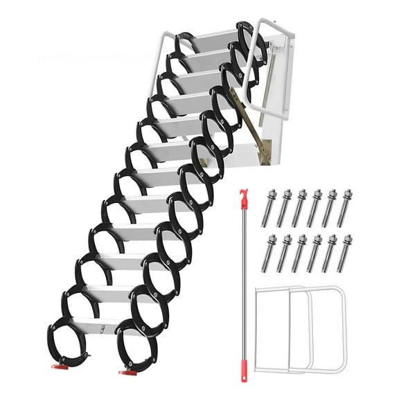 Alloy Attic Ladder, 12 Steps Attic Staircase with Wall-Mounted Handrail, Maximum Load Capacity 1200 lbs Attic Ladder Pull Down System, Suitable for Attics, Garages, Roofs, Basements