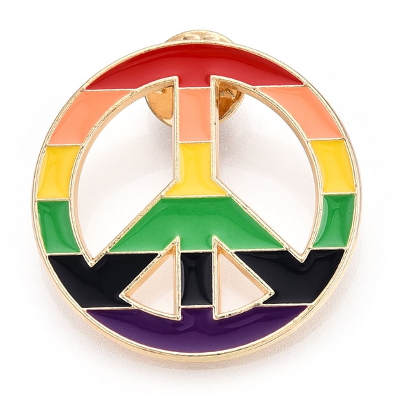 Alloy Brooches Enamel Pin with Butterfly Clutches Rainbow Peace Sign Light golden Colorful 34x2mm Pin: 1mm