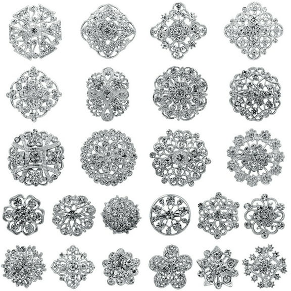 Alloy Brooches With Rhinestones 24pc Silver Set For Wedding Accessories