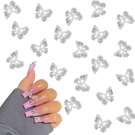 Alloy Butterfly Nail Supplies, Shiny Diamonds Butterfly Nail Charms, 3D Butterflies Shape Gems Nail for Decoration, GIXUSIL Manicure Jewelry Accessories, Nail Art Supplies (10Pcs Silver)