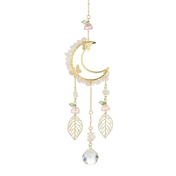 Alloy Cable Chains Moon Pendant Decorations Natural Rose Quartz Chip and Glass Pendants for Home Decorations Golden 270mm